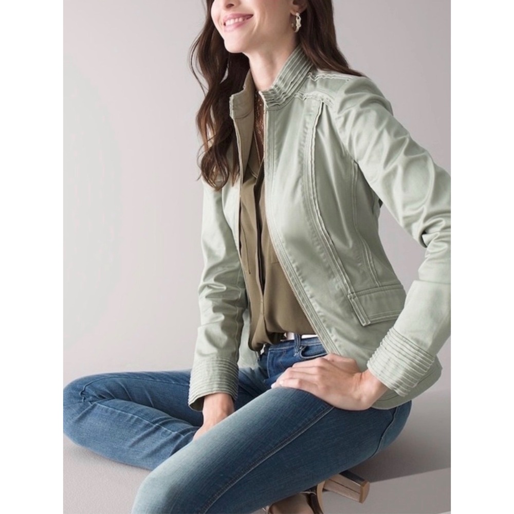 White House Black Market Pale Green Pleated Zip Up Jacket Size 14 - Picture 2 of 5